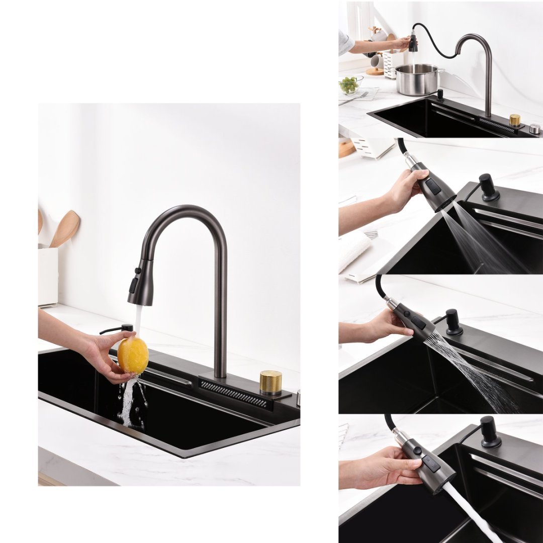 Installed black stainless steel waterfall kitchen sink in modern kitchen countertop 