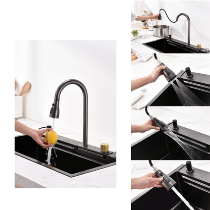 Installed black stainless steel waterfall kitchen sink in modern kitchen countertop 