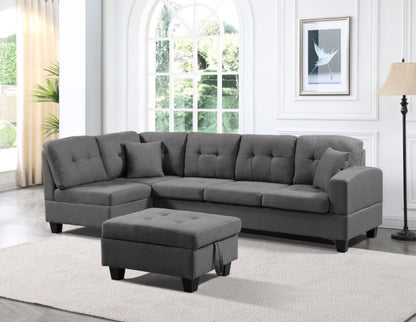 Gray sectional sofa with ottoman in a living room setting