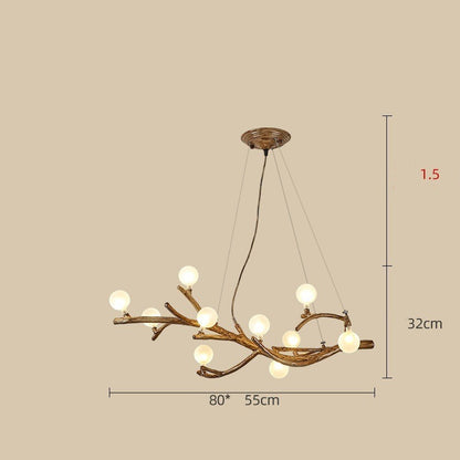 Chandelier with branch-like design and dimensions on a beige background