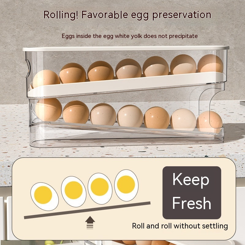 Egg storage container with eggs inside, labeled 'Keep Fresh' on a neutral background.