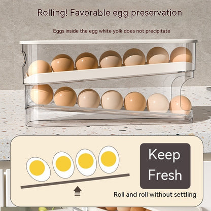 Egg storage container with eggs inside, labeled 'Keep Fresh' on a neutral background.