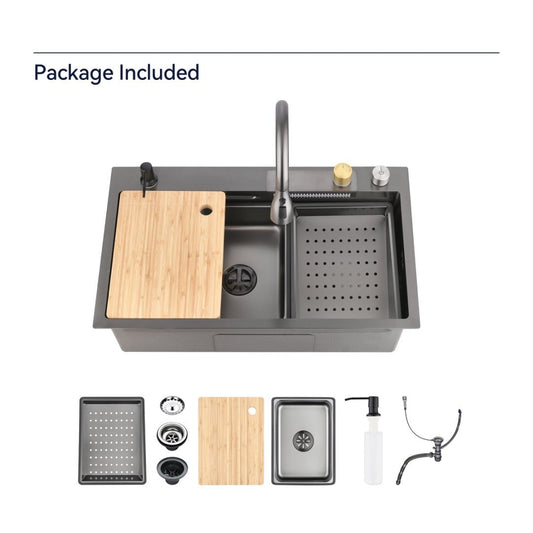 Top view of black stainless steel waterfall kitchen sink with single bowl workstation and cutting board